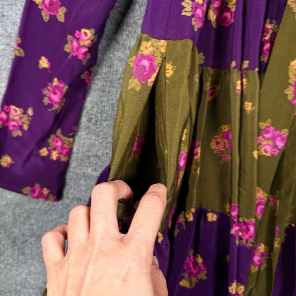 Betsey Johnson Size 6 Tiered Midi Shift Dress Purple Brown Silk Floral V Neck - Picture 5 of 10